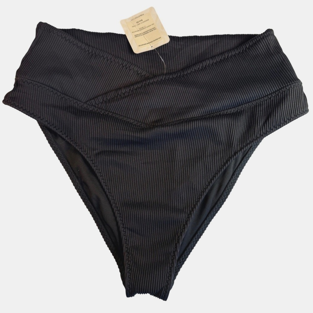 Fabletics Brand NEW Black Ribbed High Waisted Crossover Swim Bottoms Size L